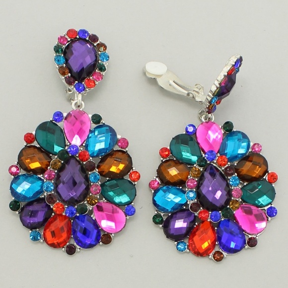Large MultiColor Crystal Rhinestone Wedding Pageant Prom Formal Clip-On Earrings - Picture 2 of 3